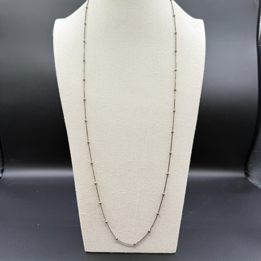 Silver Tone Beaded Station Snake Chain Necklace Long Minimalist Layering Jewelry